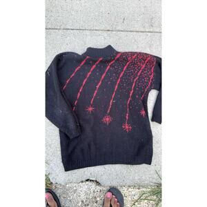 Vintage 80s Black Red Sweater Geometric Starburst Pattern Knit Pullover med
